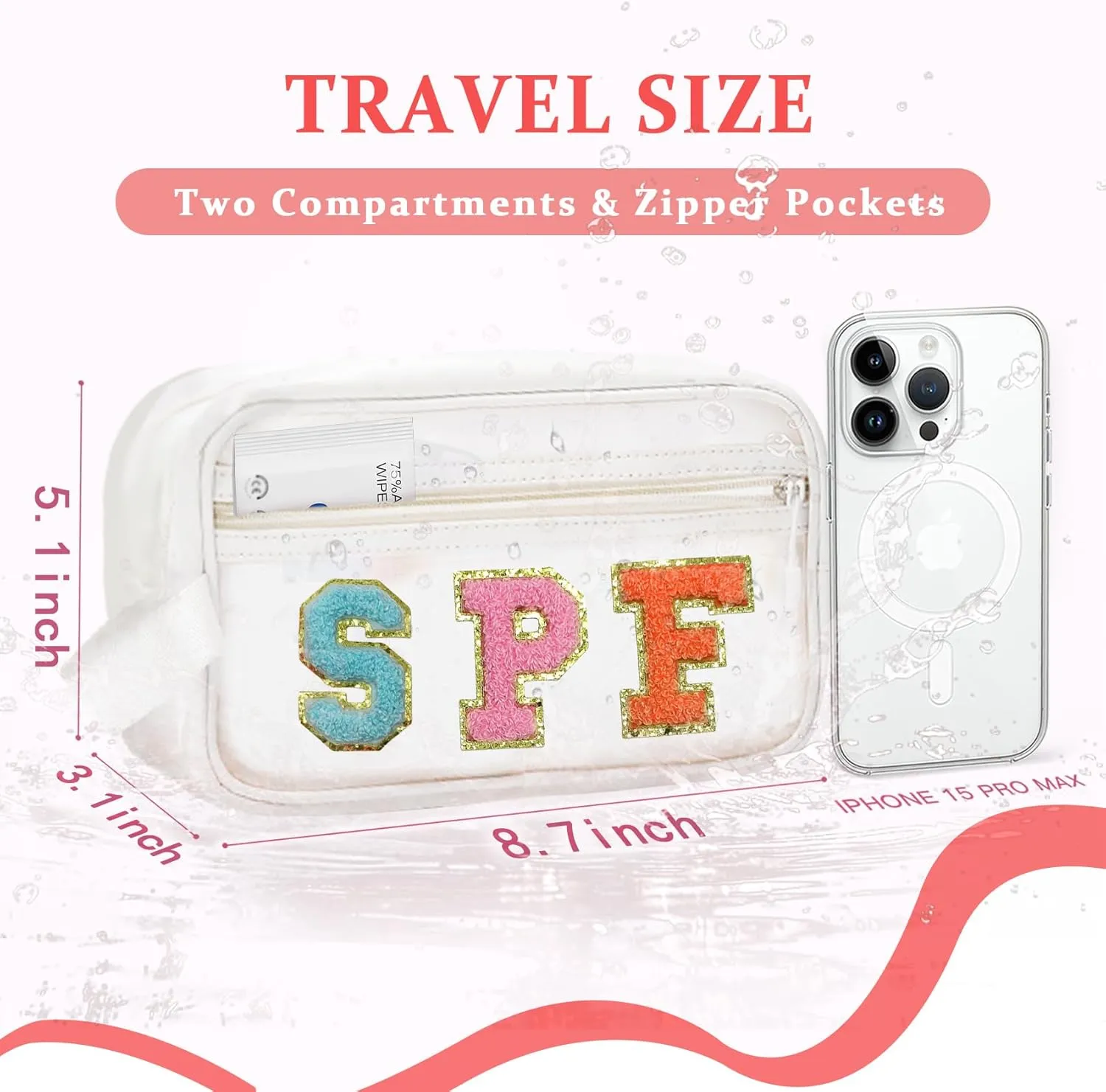 COSHAYSOO Clear SPF Makeup Bag Sunscreen Cosmetic SUN Zipper Pouch with Preppy Chenille Letter Patch, Small Beach Travel Purse Gifts for Women Teens, Cute Toiletry Make Up Traveling Stuff Organizer
