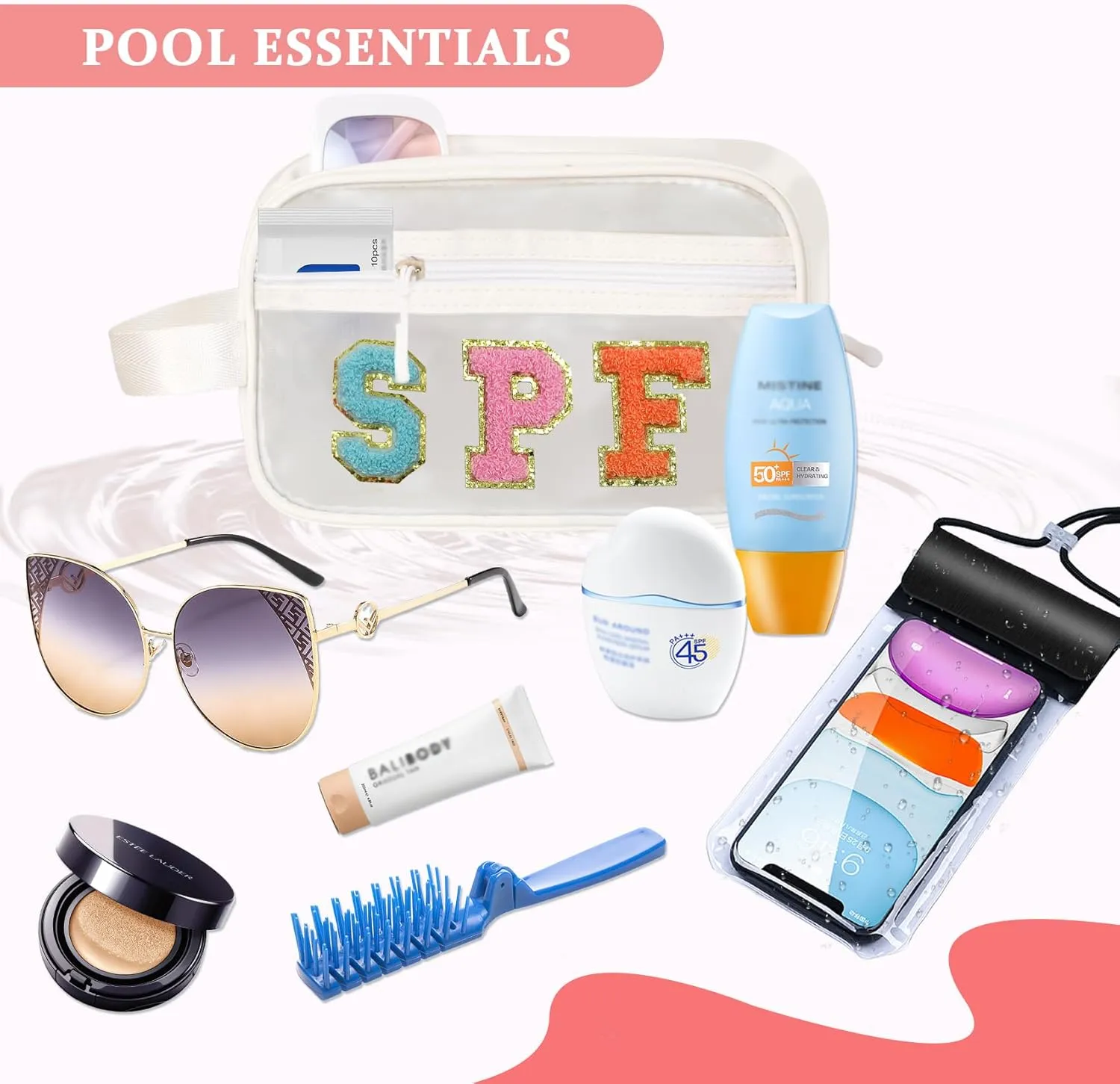 COSHAYSOO Clear SPF Makeup Bag Sunscreen Cosmetic SUN Zipper Pouch with Preppy Chenille Letter Patch, Small Beach Travel Purse Gifts for Women Teens, Cute Toiletry Make Up Traveling Stuff Organizer
