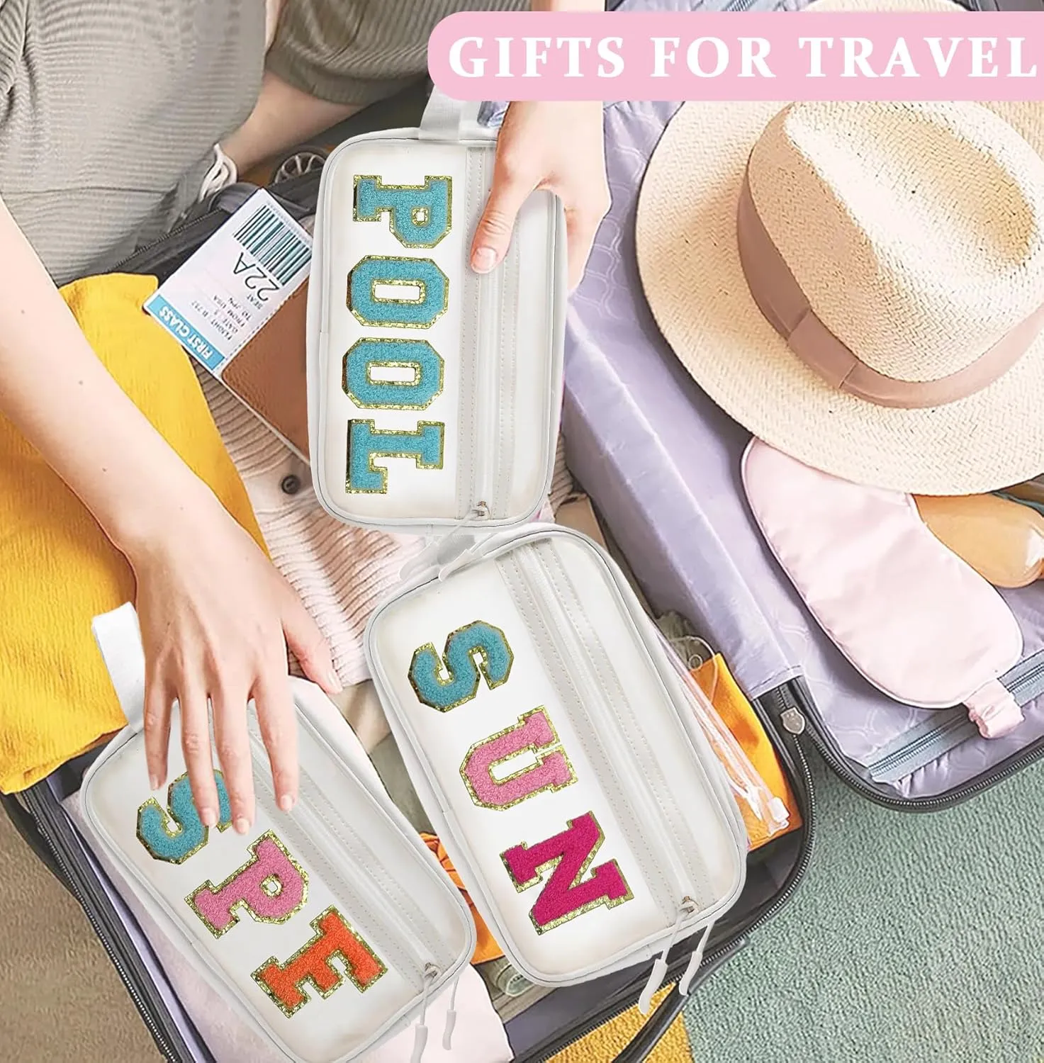 COSHAYSOO Clear SUN Makeup Bag Sunscreen SPF Pouch Beach Pool Lake Spa Travel Cosmetic Toiletry Stuff Organizer for Women Teenage Girls Mothers Day Nurse Appreciation Graduation Preppy Gifts