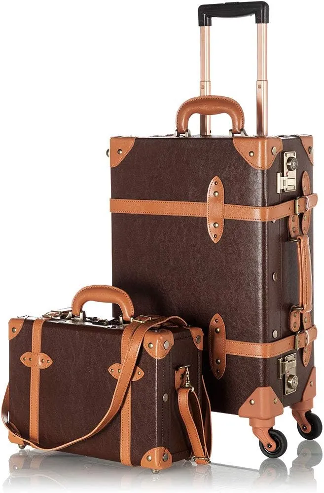 COTRUNKAGE Vintage Checked Luggage Sets 2 Piece TSA Lock Travel Suitcase for Women with 13" Cosmetic Case, Cocoa Brown