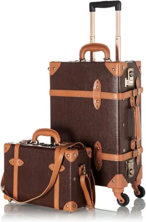 COTRUNKAGE Vintage Checked Luggage Sets 2 Piece TSA Lock Travel Suitcase for Women with 13" Cosmetic Case, Cocoa Brown