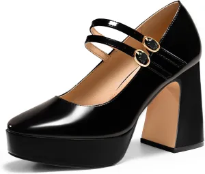 Coutgo Womens Mary Jane Platform High Heels Chunky Block Heel Closed Toe Pumps Buckle Strap Wedding Dress Shoes