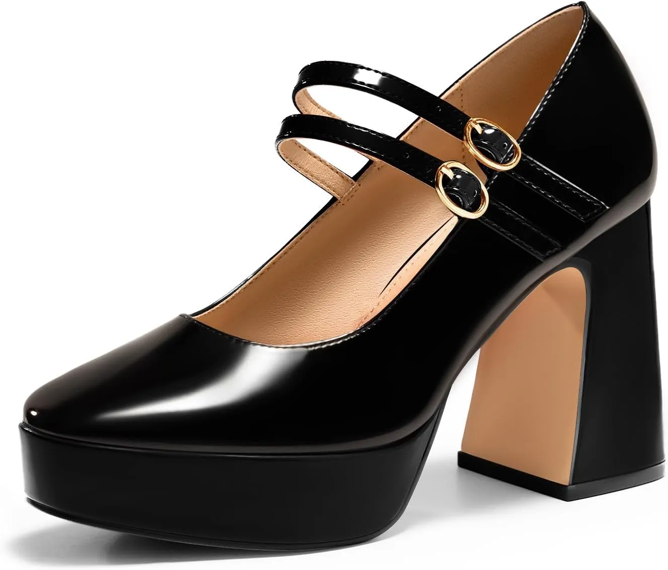 Coutgo Womens Mary Jane Platform High Heels Chunky Block Heel Closed Toe Pumps Buckle Strap Wedding Dress Shoes