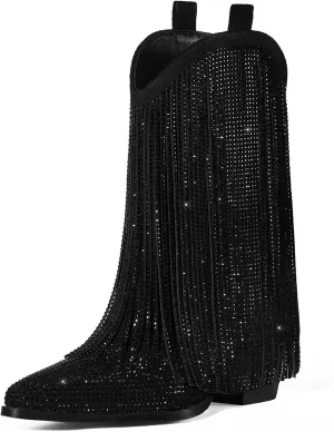 Cowboy Boots for Women - Cowgirl Western Rhinestone Sparkly Fringe Chunky Heel Pointed Toe Ankle Boots