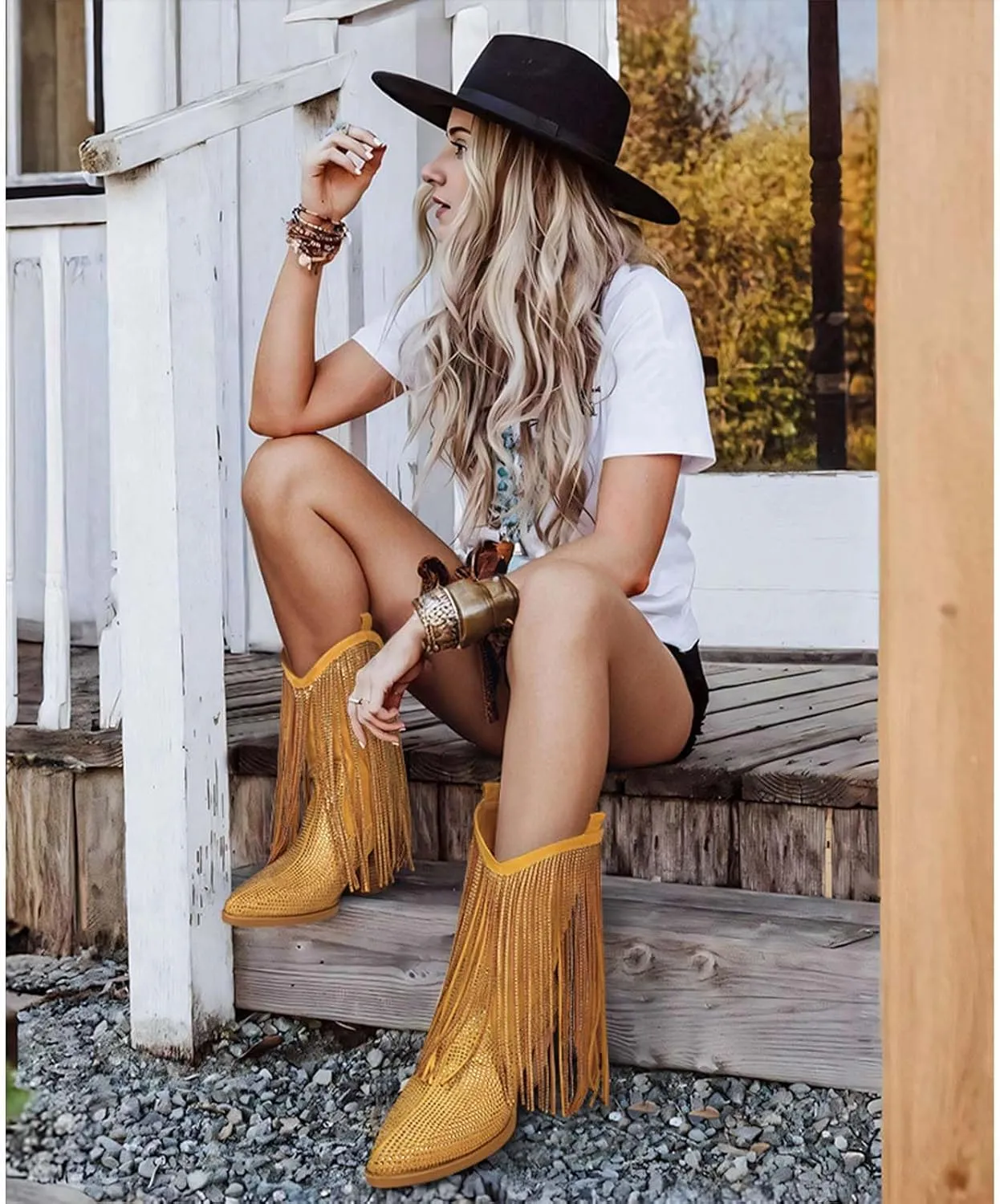 Cowboy Boots for Women - Cowgirl Western Rhinestone Sparkly Fringe Chunky Heel Pointed Toe Ankle Boots