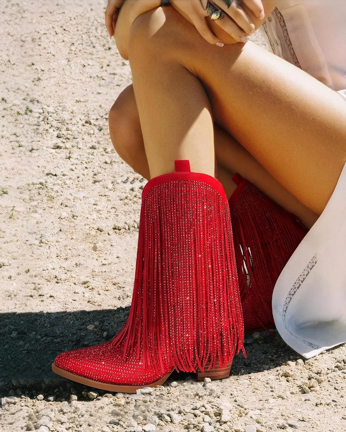 Cowboy Boots for Women - Cowgirl Western Rhinestone Sparkly Fringe Chunky Heel Pointed Toe Ankle Boots