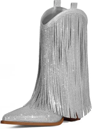 Cowboy Boots for Women - Cowgirl Western Rhinestone Sparkly Fringe Chunky Heel Pointed Toe Ankle Boots