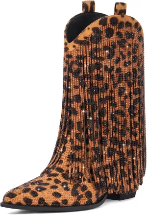 Cowboy Boots for Women - Cowgirl Western Rhinestone Sparkly Fringe Chunky Heel Pointed Toe Ankle Boots