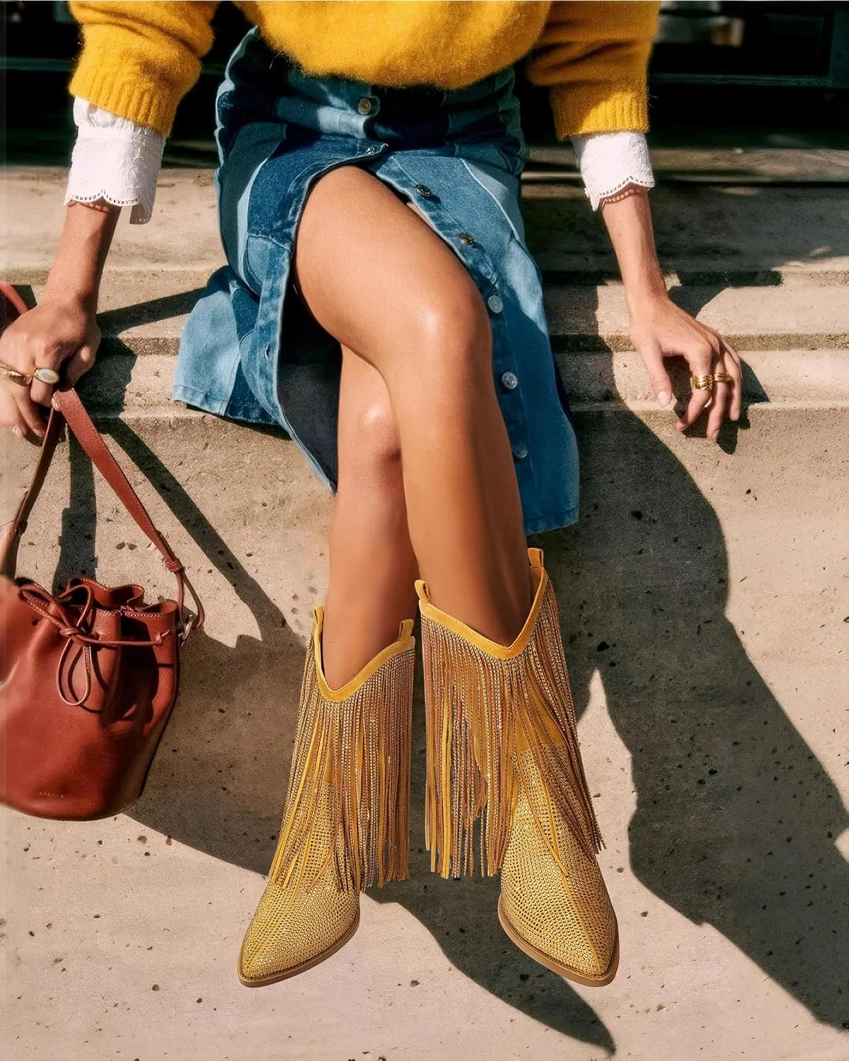 Cowboy Boots for Women - Cowgirl Western Rhinestone Sparkly Fringe Chunky Heel Pointed Toe Ankle Boots