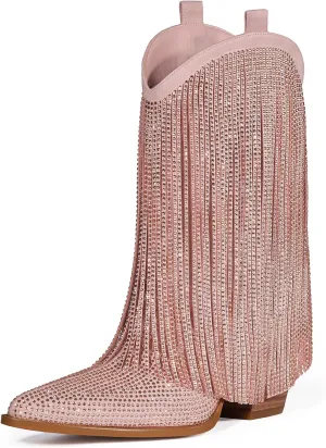 Cowboy Boots for Women - Cowgirl Western Rhinestone Sparkly Fringe Chunky Heel Pointed Toe Ankle Boots