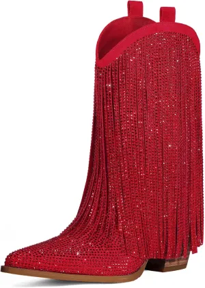 Cowboy Boots for Women - Cowgirl Western Rhinestone Sparkly Fringe Chunky Heel Pointed Toe Ankle Boots