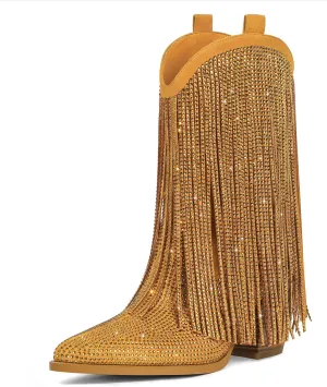 Cowboy Boots for Women - Cowgirl Western Rhinestone Sparkly Fringe Chunky Heel Pointed Toe Ankle Boots