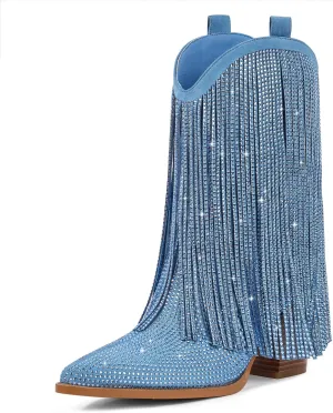 Cowboy Boots for Women - Cowgirl Western Rhinestone Sparkly Fringe Chunky Heel Pointed Toe Ankle Boots