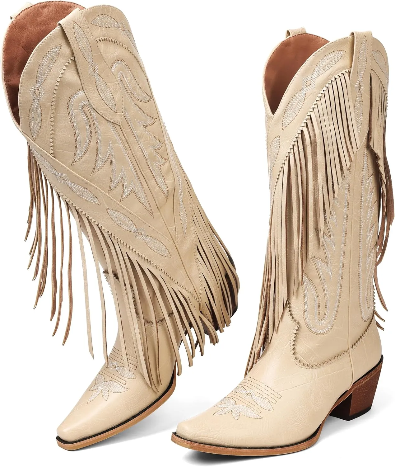 Cowboy Boots for Women Retro Pointed Toe Pull On Block Chunky Heel Embroide Tassel Country Concert Outfits Calf Western Cowgirl Boots