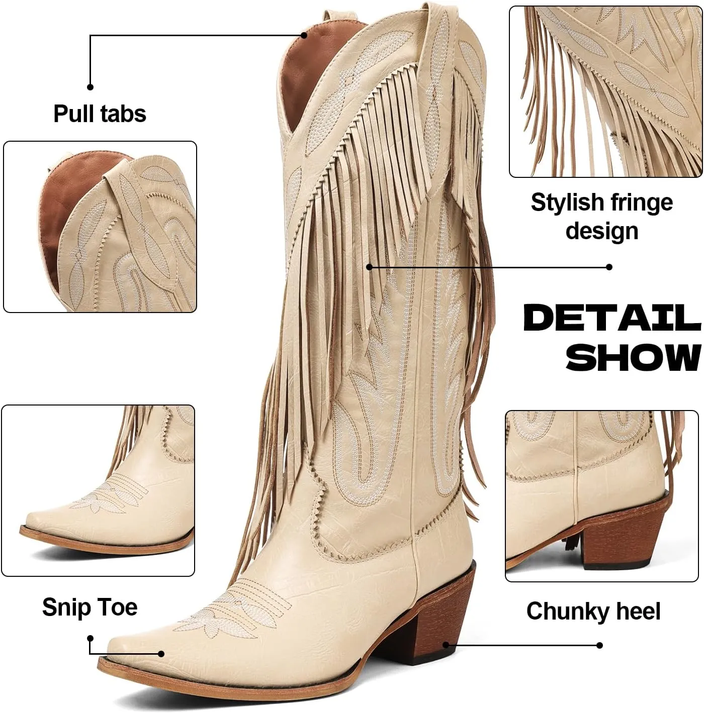 Cowboy Boots for Women Retro Pointed Toe Pull On Block Chunky Heel Embroide Tassel Country Concert Outfits Calf Western Cowgirl Boots