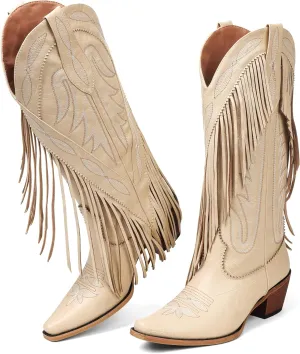 Cowboy Boots for Women Retro Pointed Toe Pull On Block Chunky Heel Embroide Tassel Country Concert Outfits Calf Western Cowgirl Boots
