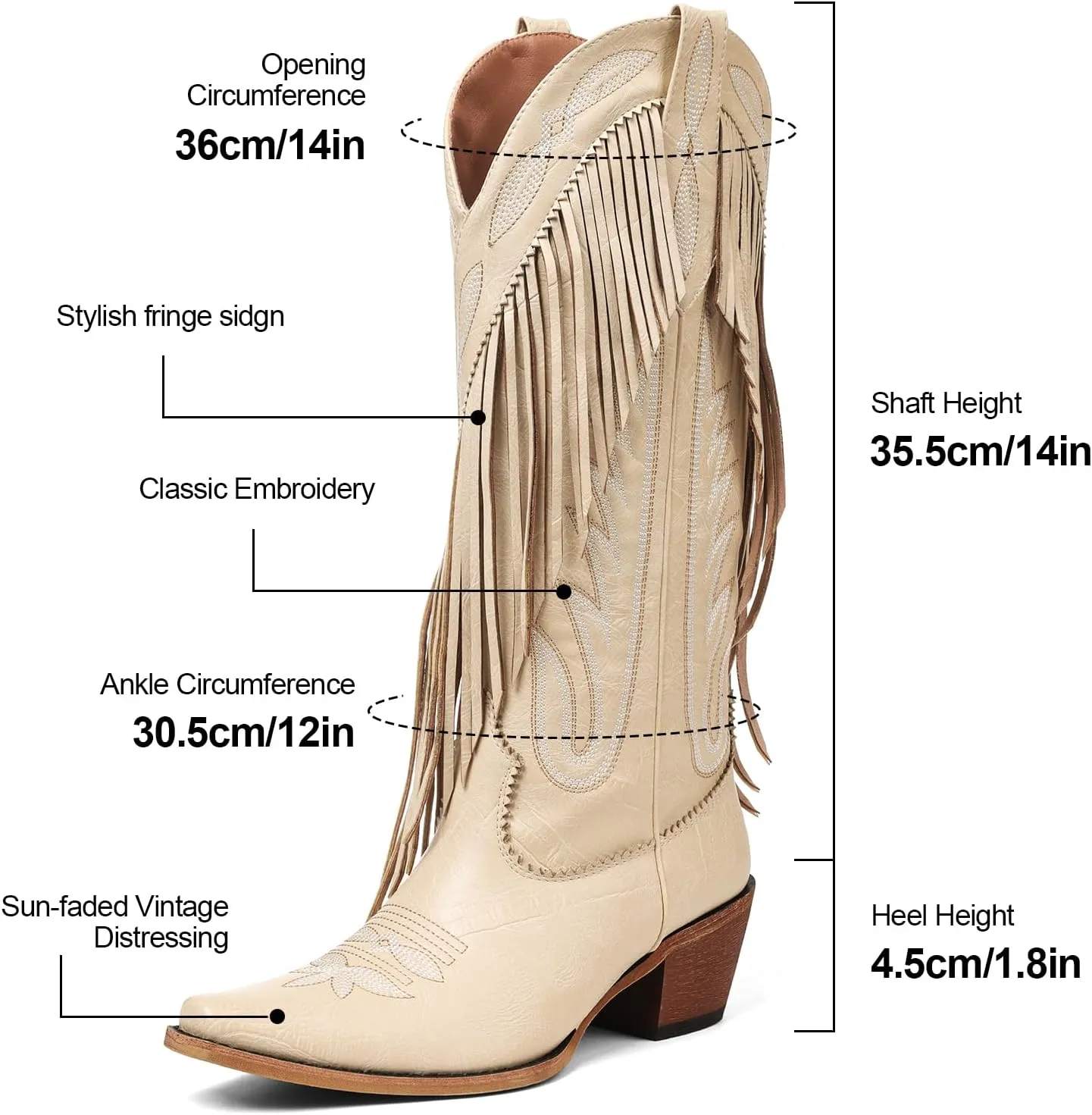 Cowboy Boots for Women Retro Pointed Toe Pull On Block Chunky Heel Embroide Tassel Country Concert Outfits Calf Western Cowgirl Boots