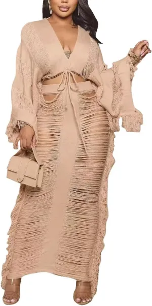 Crochet Sets Two Piece Women, Summer Sexy Beach Vacation Crochet Dress Knit Fringe Long Sleeve Crop Top and Maxi Skirt