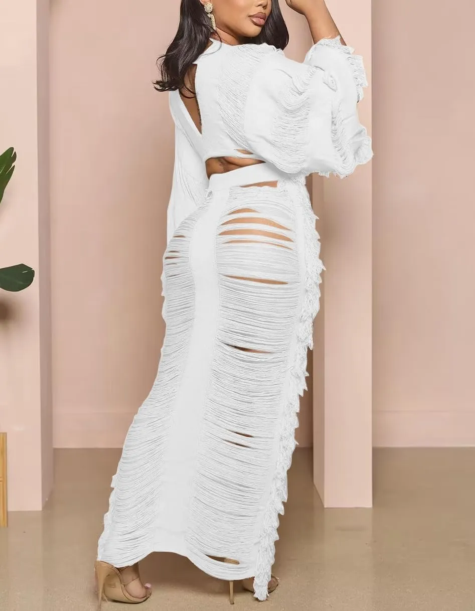 Crochet Sets Two Piece Women, Summer Sexy Beach Vacation Crochet Dress Knit Fringe Long Sleeve Crop Top and Maxi Skirt