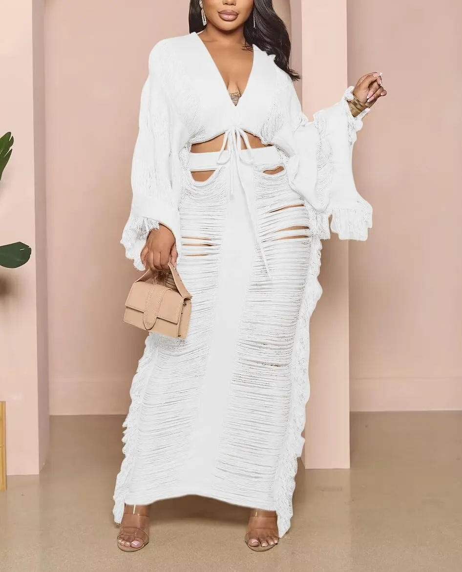 Crochet Sets Two Piece Women, Summer Sexy Beach Vacation Crochet Dress Knit Fringe Long Sleeve Crop Top and Maxi Skirt