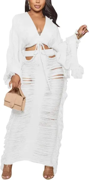 Crochet Sets Two Piece Women, Summer Sexy Beach Vacation Crochet Dress Knit Fringe Long Sleeve Crop Top and Maxi Skirt