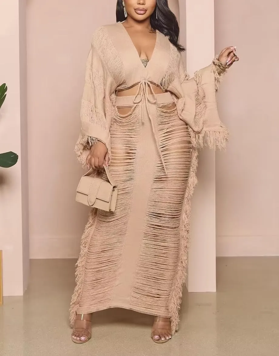 Crochet Sets Two Piece Women, Summer Sexy Beach Vacation Crochet Dress Knit Fringe Long Sleeve Crop Top and Maxi Skirt