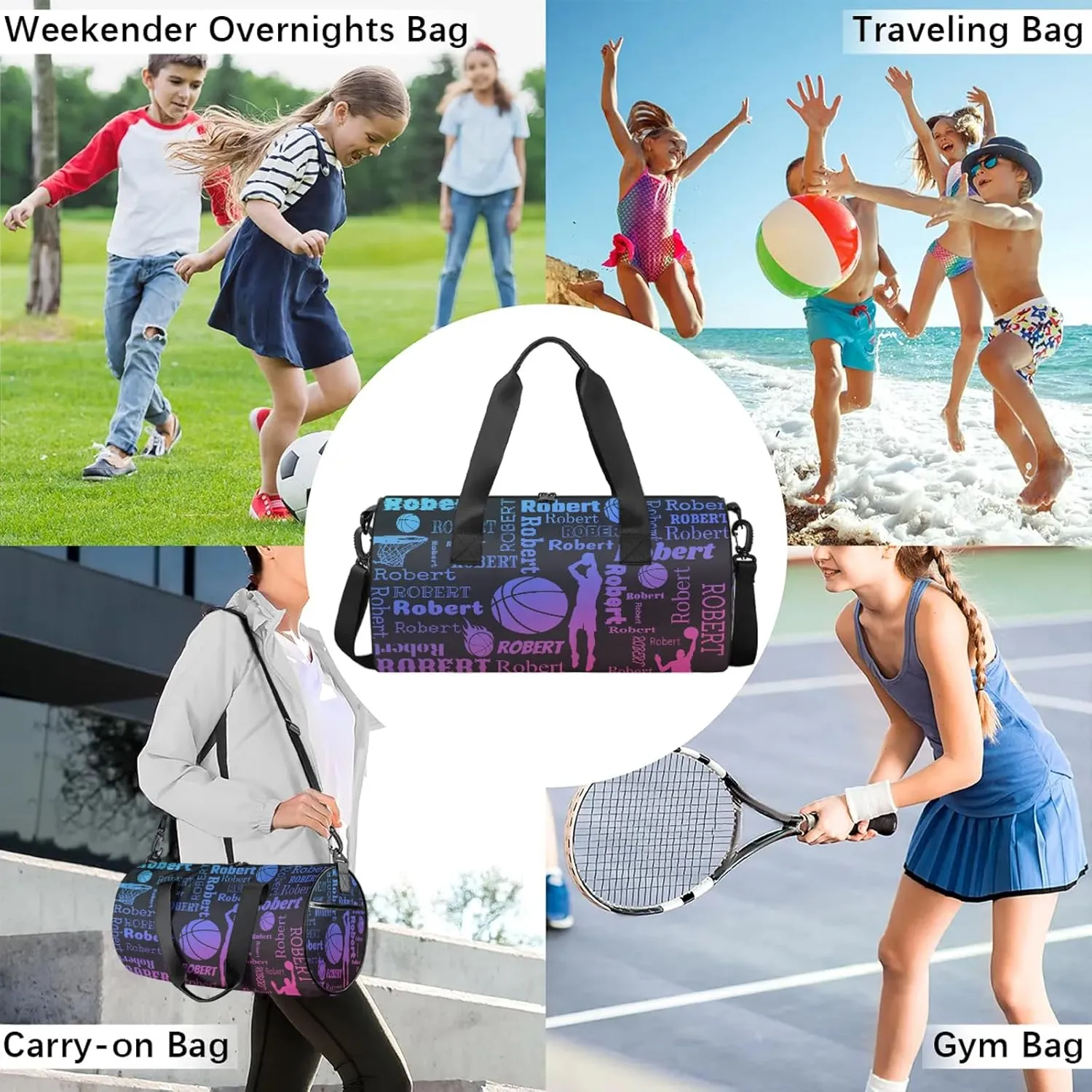 Custom Basketball Sport Bags Personalized Sports Gym Bag with Name Overnight Weekender Duffel Bag Customized Gifts for Women Men, Blue Pink Purple