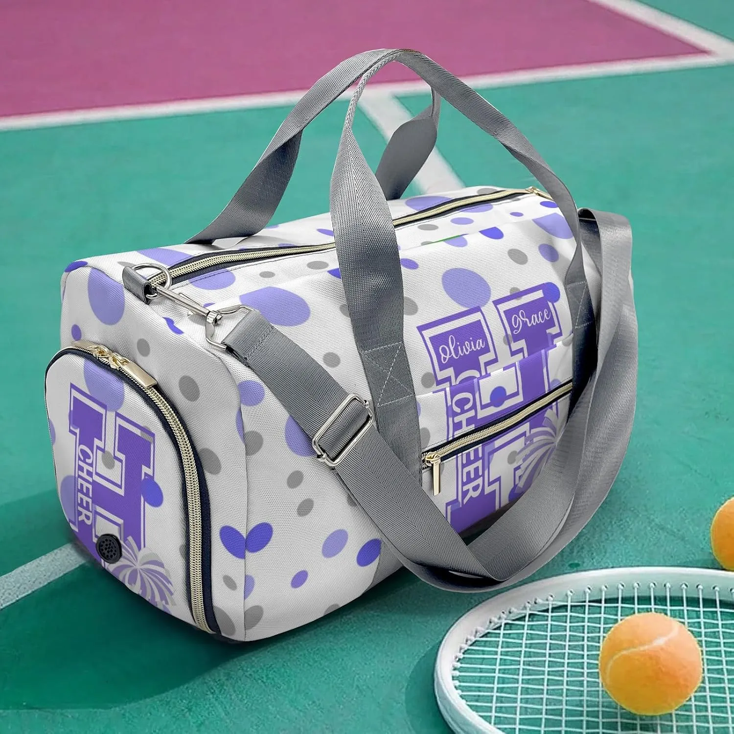 Custom Duffel Bag Polka Dots Bow Cheerleader Pom-pom Compact and Convenient: Fitness Bags for the Modern Traveler