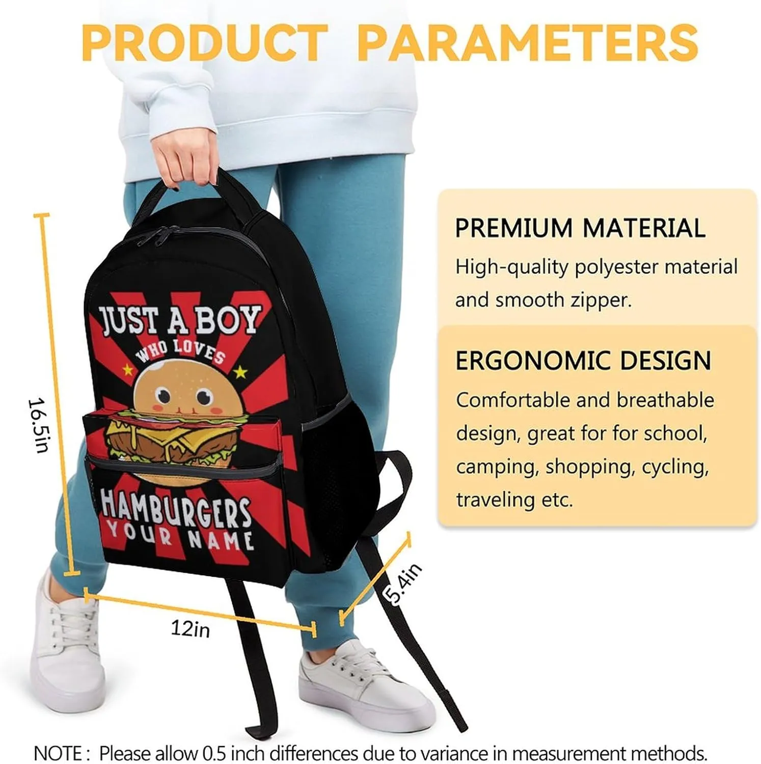 Custom Hamburger Backpack for Boys, 16 Inch Black Backpacks Kindergarten, Cute Lightweight Bookbag for Kids