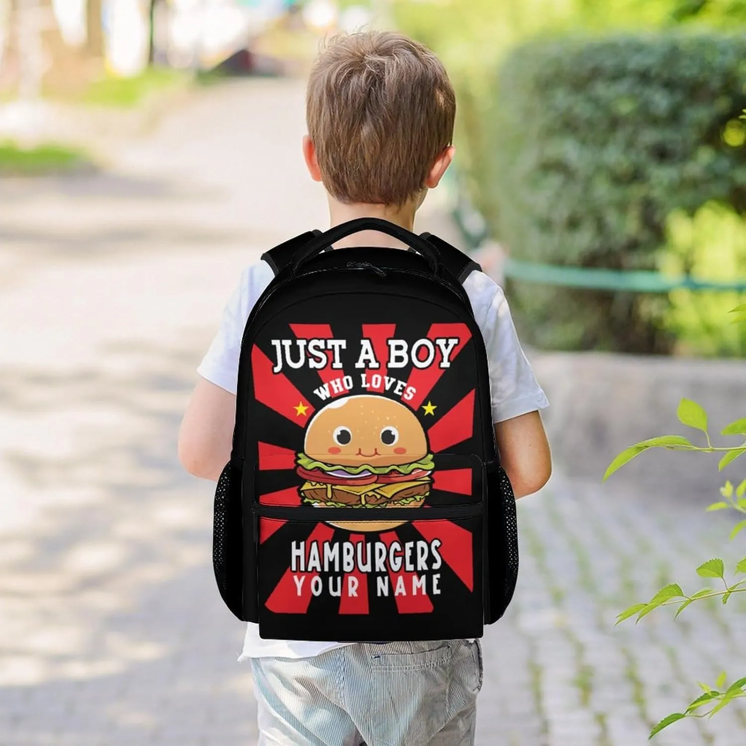 Custom Hamburger Backpack for Boys, 16 Inch Black Backpacks Kindergarten, Cute Lightweight Bookbag for Kids