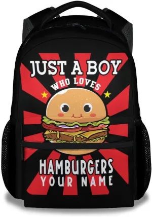 Custom Hamburger Backpack for Boys, 16 Inch Black Backpacks Kindergarten, Cute Lightweight Bookbag for Kids