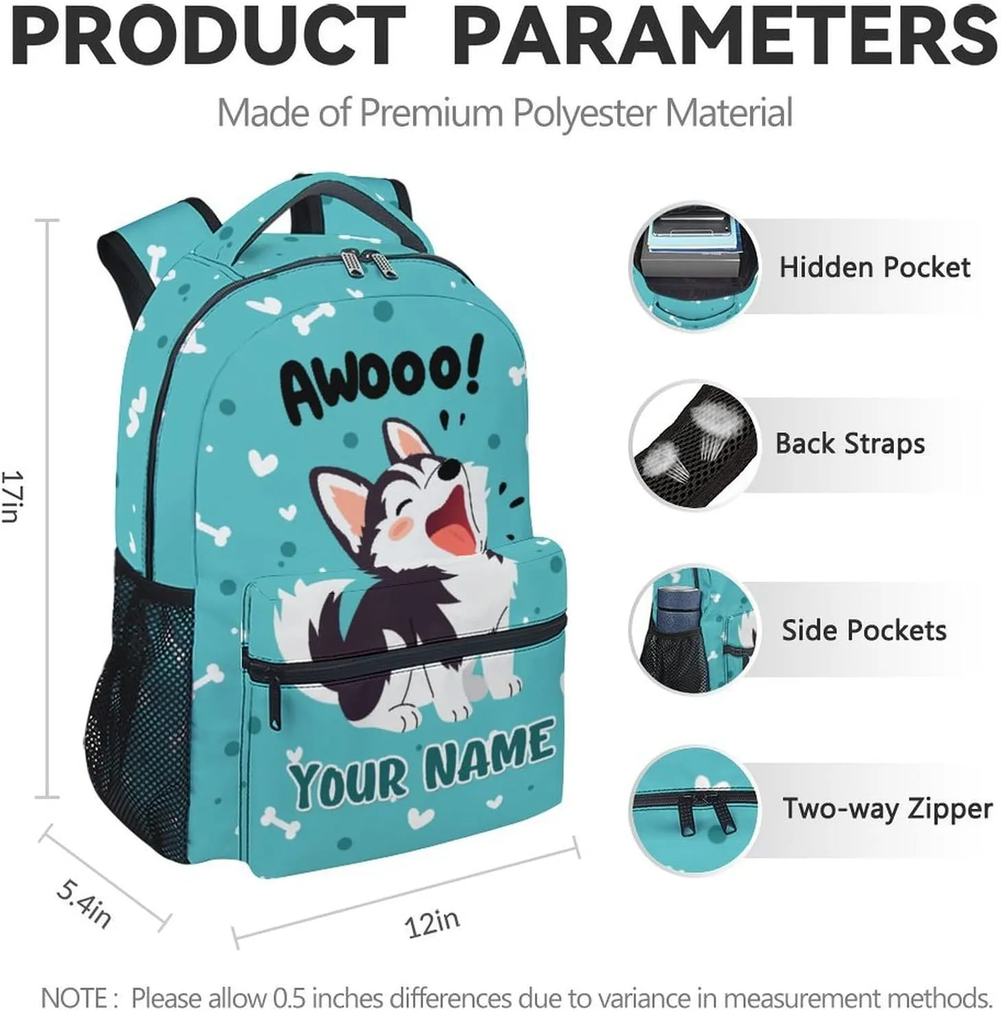 Custom Husky Backpack for Boys, 17 Inch Teal Backpacks for Middle School, Cute Lightweight Durable Bookbag for Teens