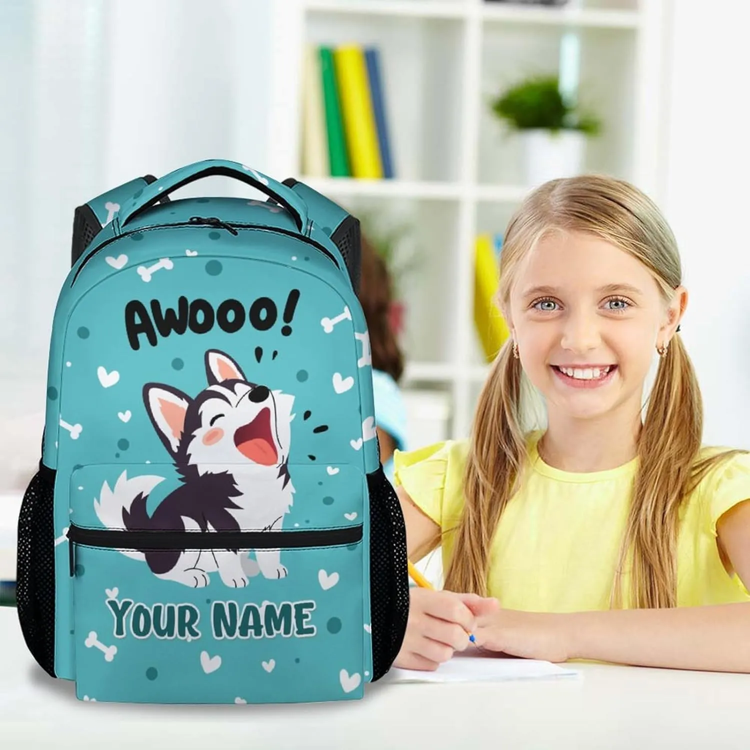 Custom Husky Backpack for Boys, 17 Inch Teal Backpacks for Middle School, Cute Lightweight Durable Bookbag for Teens