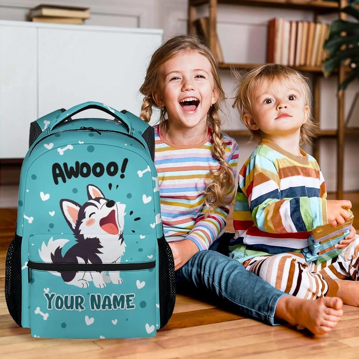 Custom Husky Backpack for Boys, 17 Inch Teal Backpacks for Middle School, Cute Lightweight Durable Bookbag for Teens