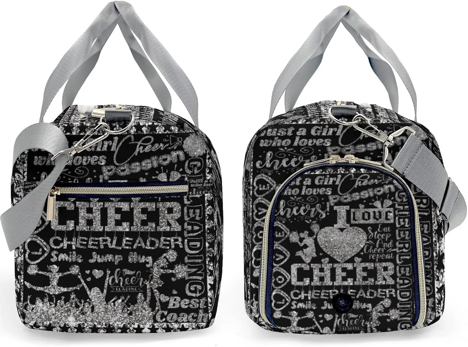 Custom Love Cheerleading Star Grey Pom Duffel Bag with Name Child Kids Adjustable Shoulder Strap Travel Bag for Boys Girls Teens