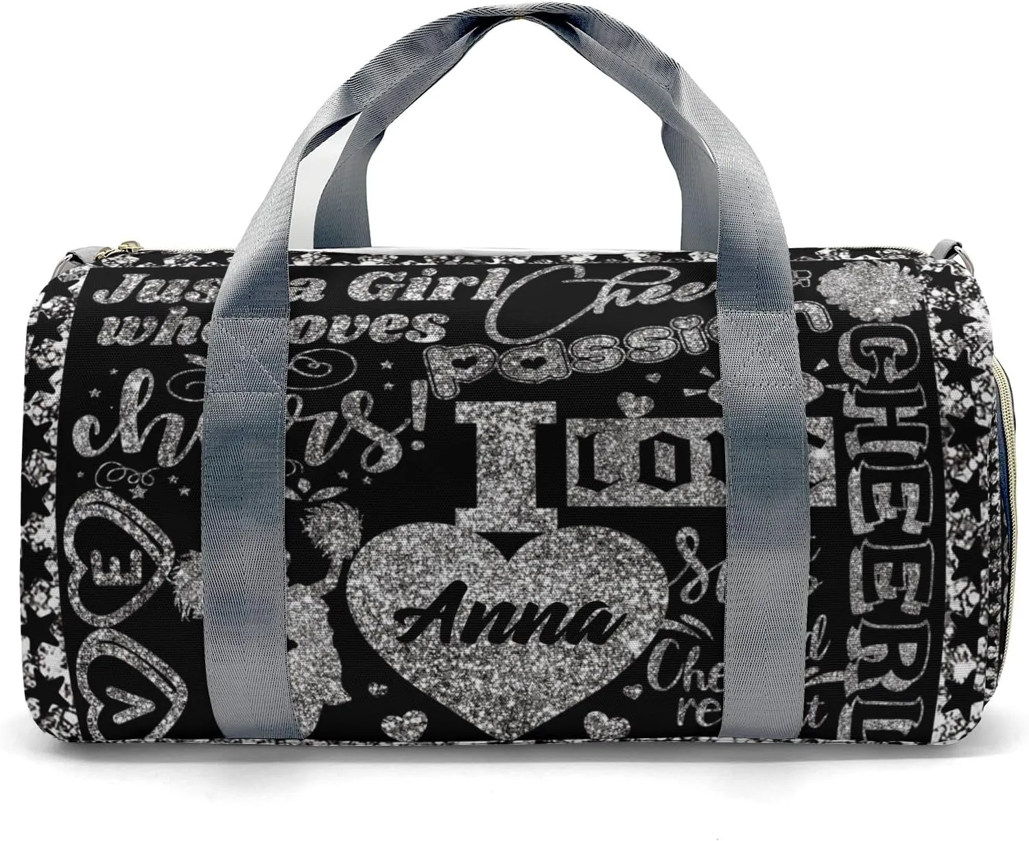 Custom Love Cheerleading Star Grey Pom Duffel Bag with Name Child Kids Adjustable Shoulder Strap Travel Bag for Boys Girls Teens