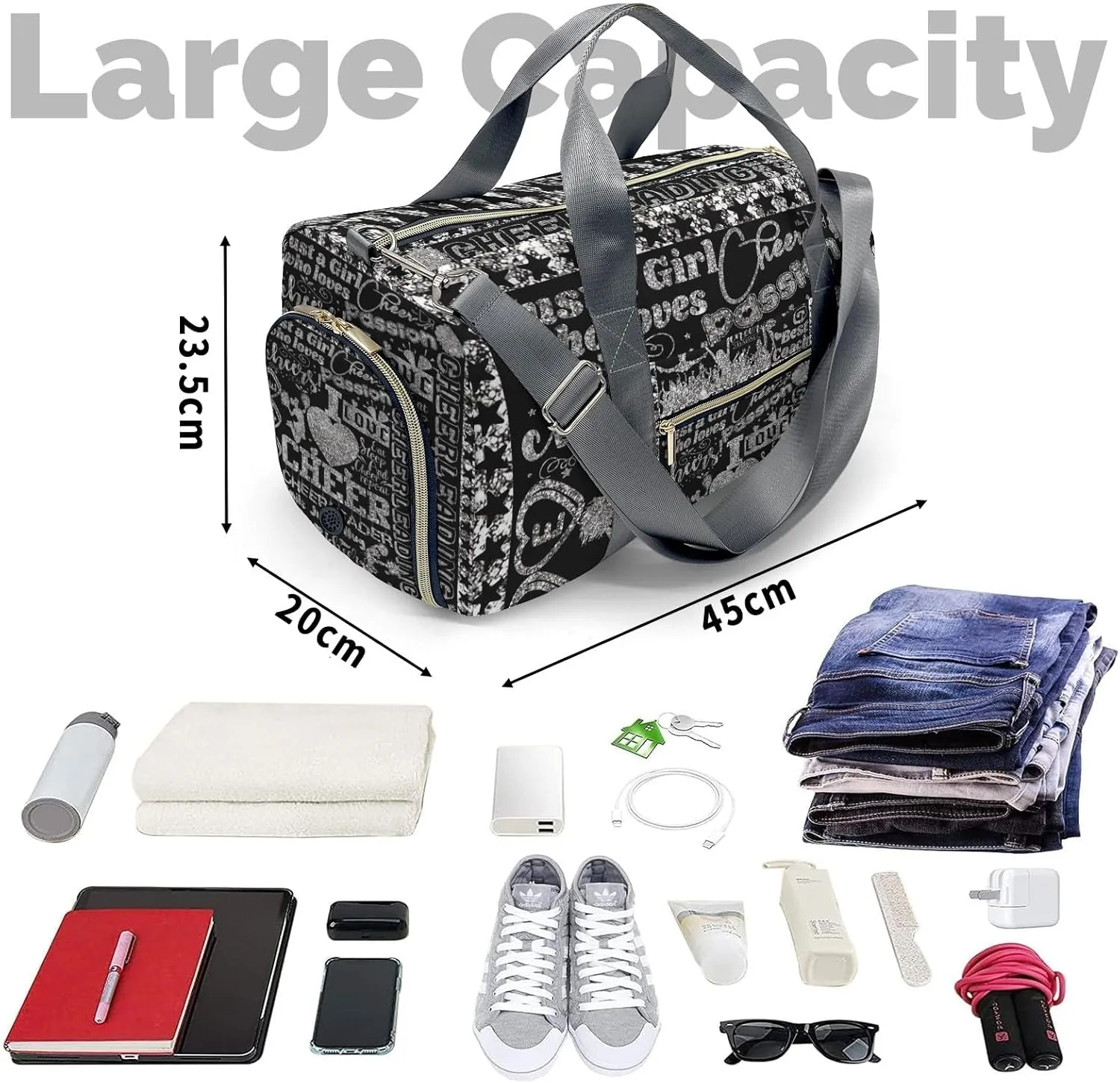 Custom Love Cheerleading Star Grey Pom Duffel Bag with Name Child Kids Adjustable Shoulder Strap Travel Bag for Boys Girls Teens