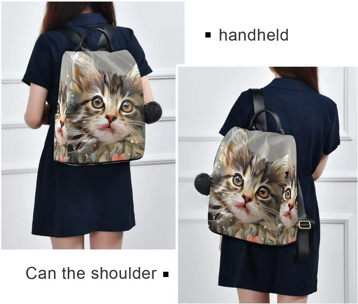 Cute Kitten Flowers Gray Anti Theft Backpack Purse for Women Fashion Travel Bags with Pompom