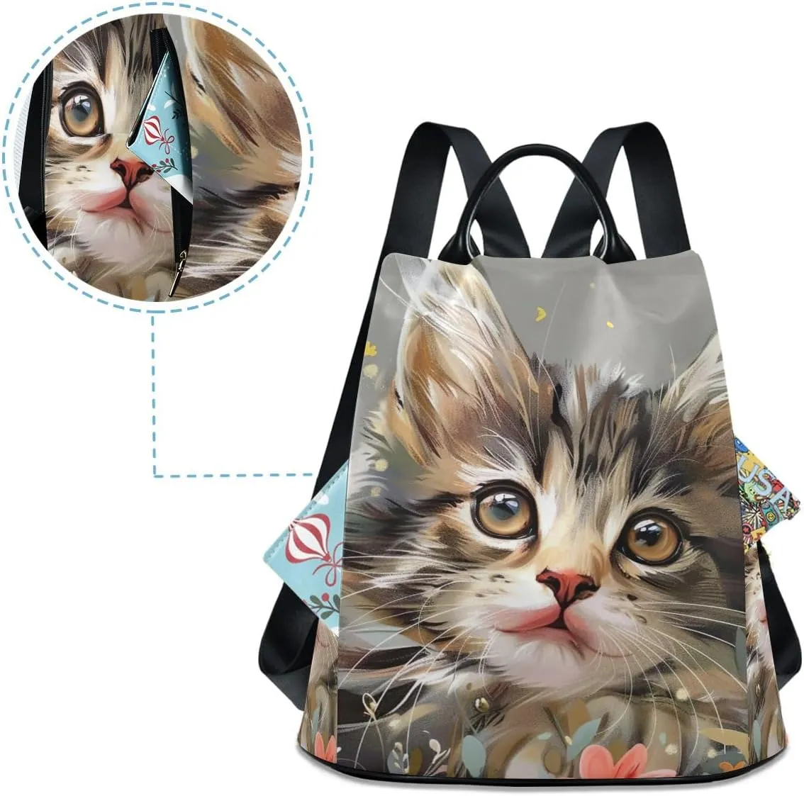 Cute Kitten Flowers Gray Anti Theft Backpack Purse for Women Fashion Travel Bags with Pompom
