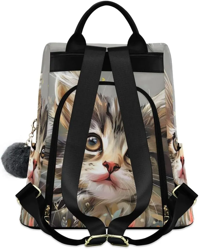 Cute Kitten Flowers Gray Anti Theft Backpack Purse for Women Fashion Travel Bags with Pompom