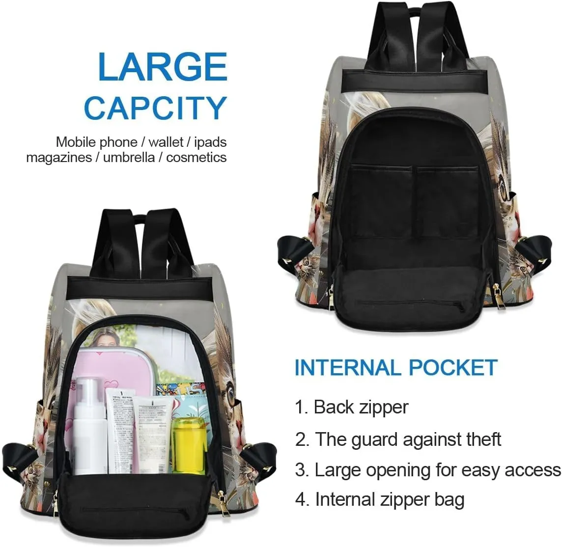 Cute Kitten Flowers Gray Anti Theft Backpack Purse for Women Fashion Travel Bags with Pompom