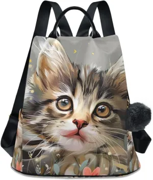 Cute Kitten Flowers Gray Anti Theft Backpack Purse for Women Fashion Travel Bags with Pompom