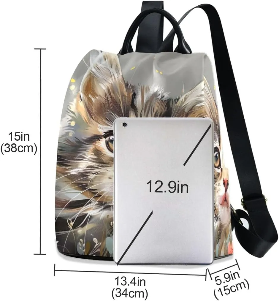 Cute Kitten Flowers Gray Anti Theft Backpack Purse for Women Fashion Travel Bags with Pompom