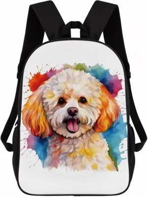 Cute Laptop Backpack Watercolor Loyal Poochon Dog Shoulder Bags Travel Backpack 17 Inch White
