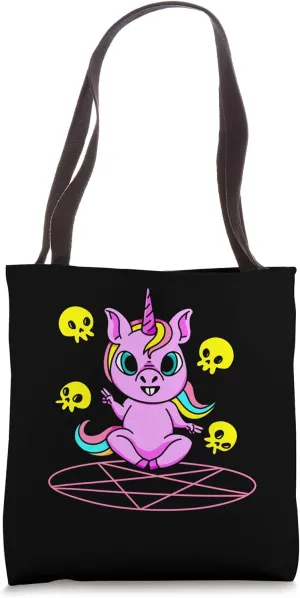 Cute Unicorn Summoning Ritual Magic Skulls Pentagram Goth Tote Bag
