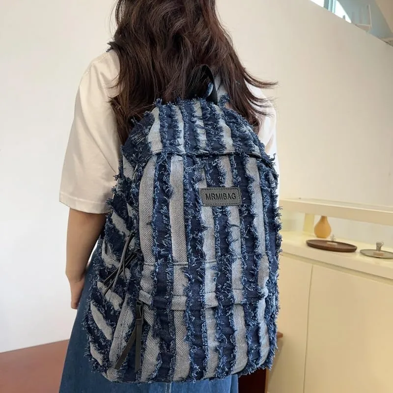 Denim Backpack for Women Men, Cute Grunge Fringe Backpack Western Aesthetic Boho Hippie Daypack Punk Bookbag Purse (dark blue)