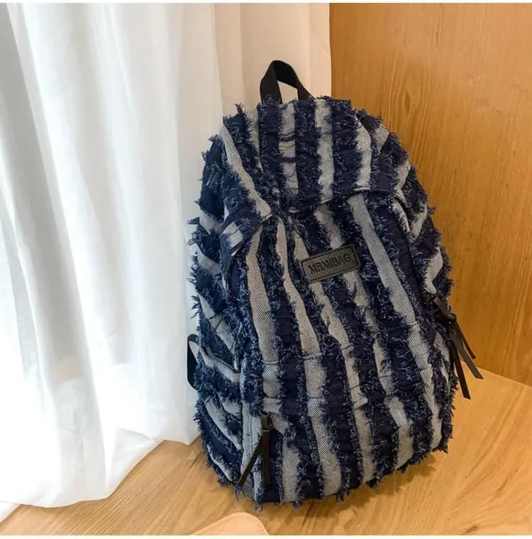 Denim Backpack for Women Men, Cute Grunge Fringe Backpack Western Aesthetic Boho Hippie Daypack Punk Bookbag Purse (dark blue)