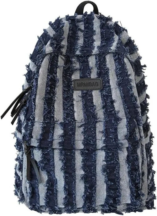 Denim Backpack for Women Men, Cute Grunge Fringe Backpack Western Aesthetic Boho Hippie Daypack Punk Bookbag Purse (dark blue)