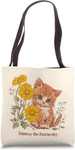 Destroy the Patriarchy Cute Kitten Graphic Funny Cat Tote Bag