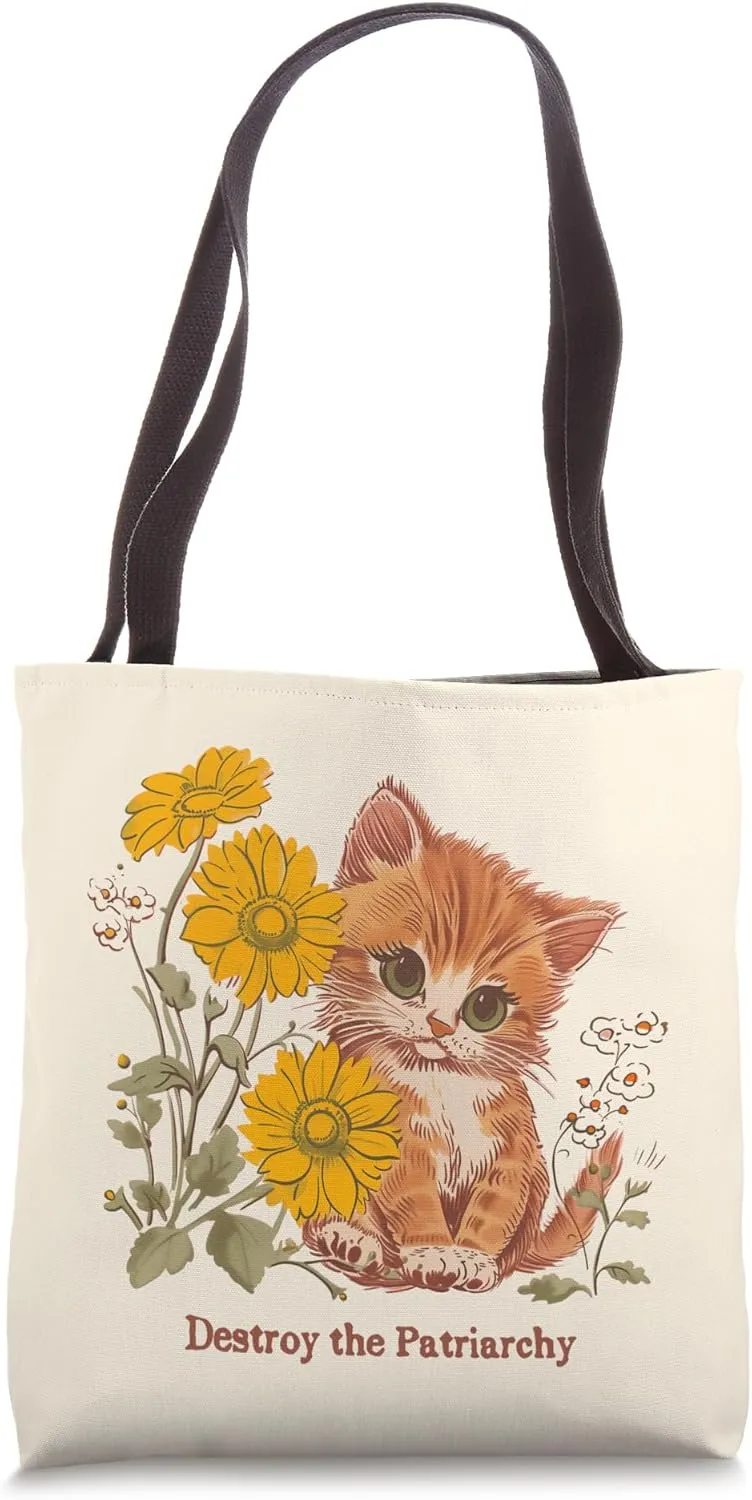Destroy the Patriarchy Cute Kitten Graphic Funny Cat Tote Bag